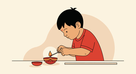 A boy lights a diya with a matchstick with another diya nearby