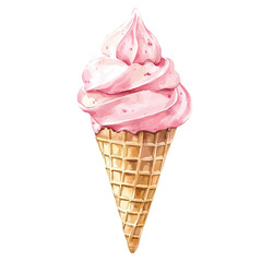 Ice Cream Cone, watercolor illustration vector, isolated on a white background.