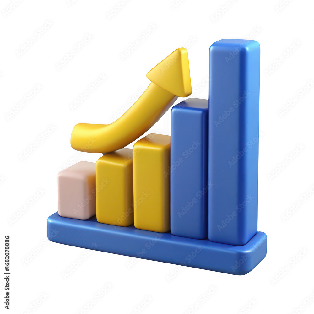Poster 3d business growth bar chart with upward arrow isolated on transparent background