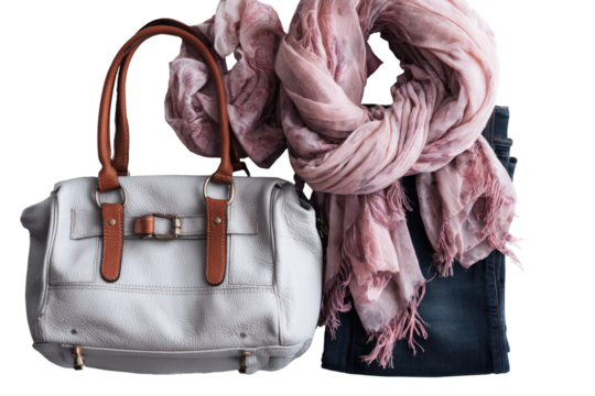 Light gray handbag, mauve scarf, and dark jeans laid out