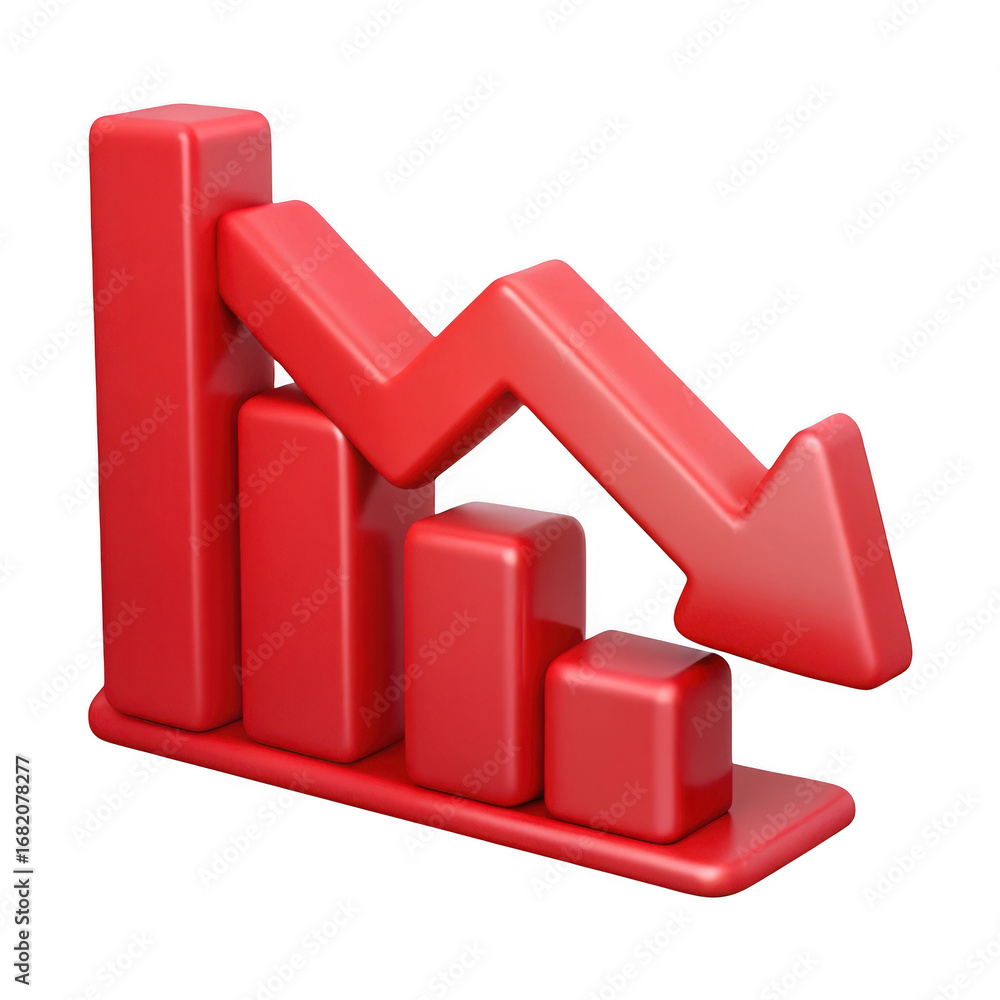 Poster 3d red downward trend bar chart with arrow isolated on transparent background