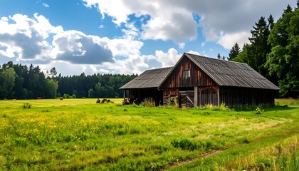Obraz premium Rustic wooden barn in a field under a partly cloudy sky