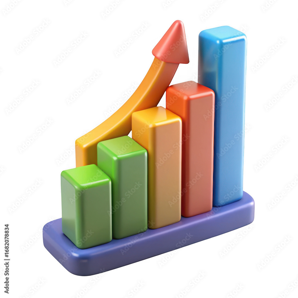 Poster 3d growth chart bar graph with upward arrow isolated on transparent background