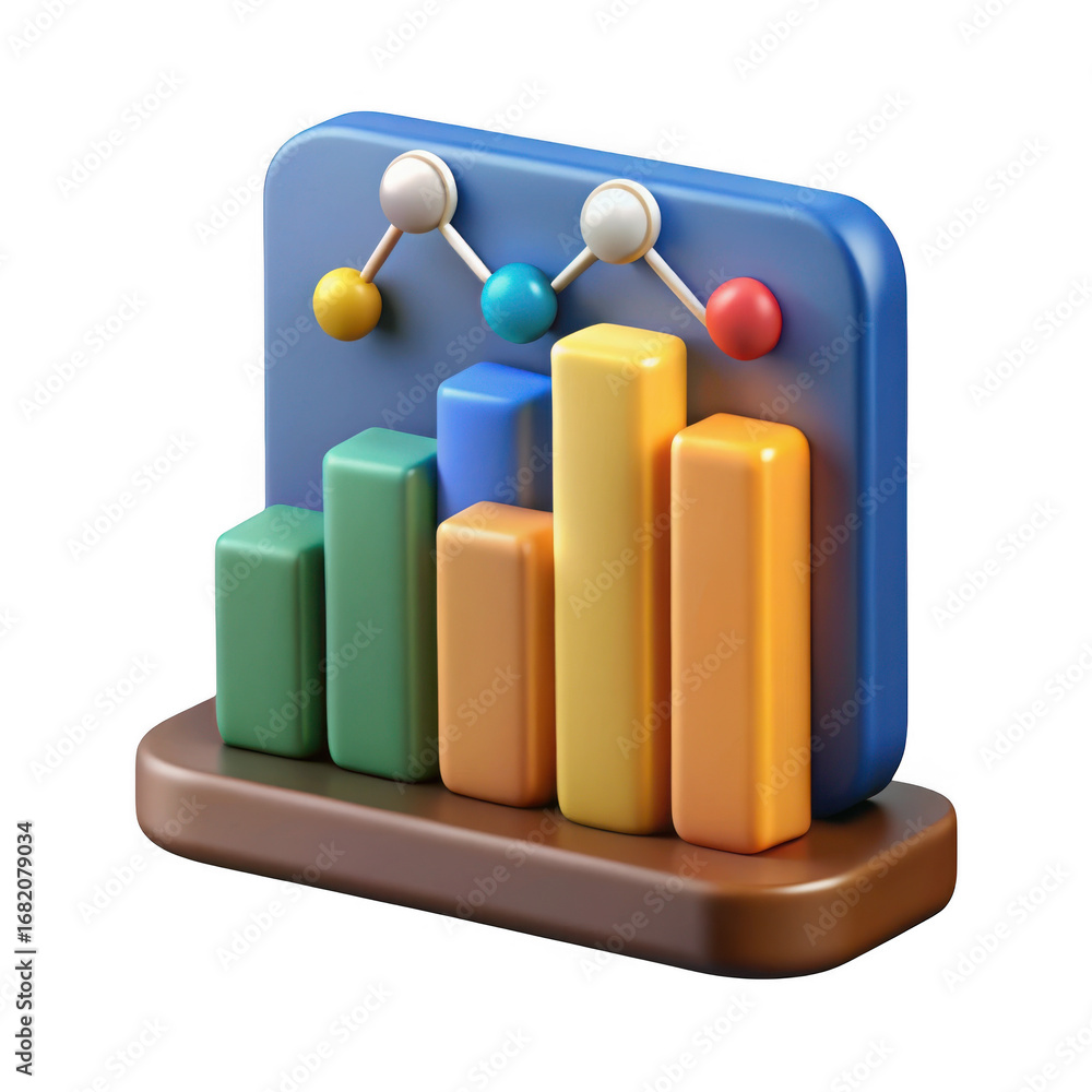Poster 3d colorful bar chart with abstract data visualization isolated on transparent background