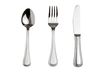 Close-up of a spoon, fork, and knife, arranged vertically.  The utensils are shiny and metallic, likely stainless steel.  