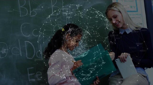 Student presenting green folder pointing, teacher listening rotating sphere showing education tech