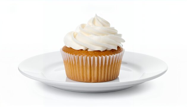 A single vanilla cupcake with white frosting on a small white plate against a clean white background.
