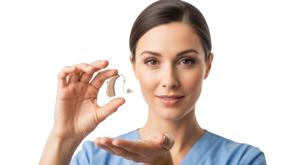 Professional audiologist showcasing a modern hearing aid device for improved auditory health and communication