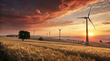 Obraz premium Sunrise over a Golden Wheat Field with Wind Turbines