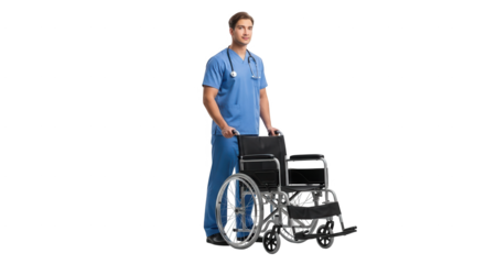 A Male Nurse in Blue Scrubs Pushing an Empty Wheelchair with a Stethoscope Around His Neck and a Confident Smile