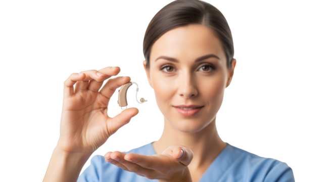 Professional audiologist showcasing a modern hearing aid device for improved auditory health and communication - Powered by Adobe