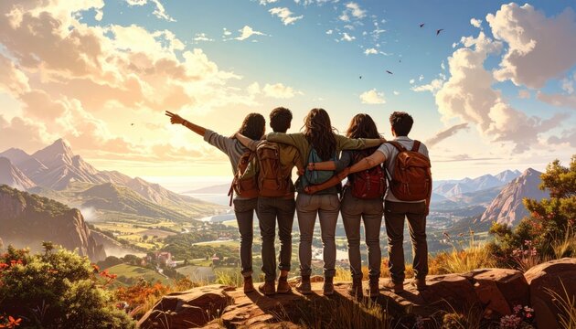 Back view of five friends standing on a mountain, overlooking a valley at sunset with arms around each other, enjoying a beautiful landscape view