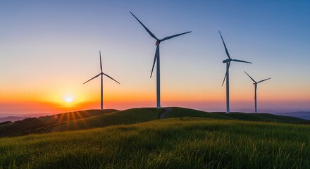 Obraz premium Sunset Landscape with Wind Turbines Clean Energy, Renewable Power, Green Technology