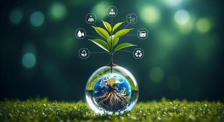 Sustainable Plant Growing on Earth Globe with Renewable Energy Icons