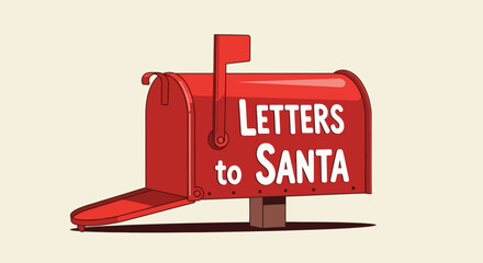 Red mailbox with Letters to Santa in white text flag up on a cream background