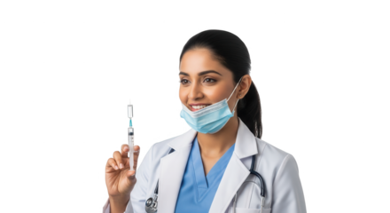 Asian Female Medical Professional Holding Syringe Wearing Stethoscope and Face Mask with White Background