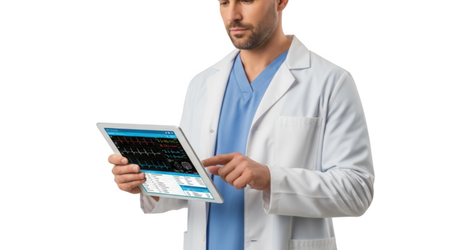 A Professional Doctor Using a Tablet to Analyze Medical Data and Patient Information
