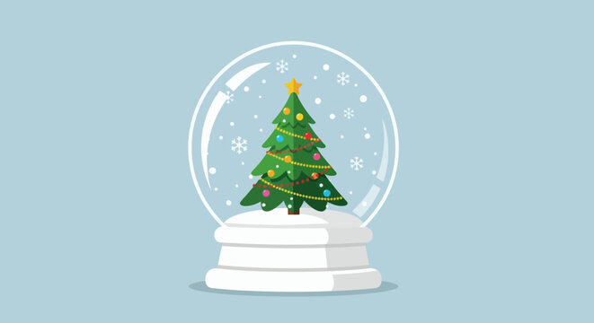 Snow globe with a decorated Christmas tree inside on a light blue background - Powered by Adobe