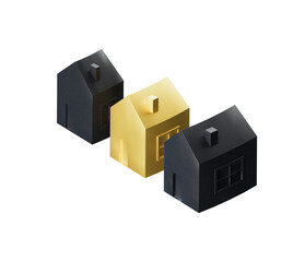 three 3d houses in a row with middle detached house highlighted in gold, transparent background