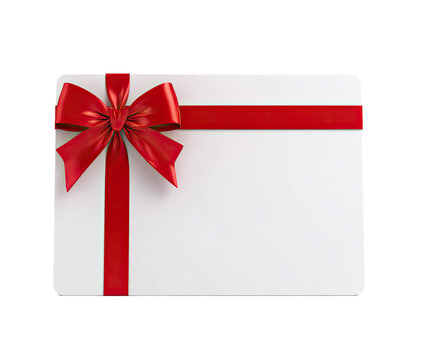Gift card with red ribbon and bow.  A rectangular white gift card is adorned with a red ribbon and bow in the upper left corner