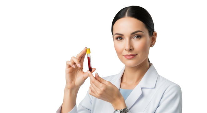 A Professional Female Scientist Expertly Holds a Vial of Blood Sample Ready for Medical Laboratory Testing and Analysis in a Clinical Research Setting