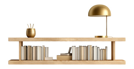 Stylish Wooden Shelf with Books and Modern Lamp on Transparent Background