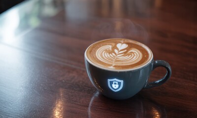 A steaming latte art cup with a security shield graphic