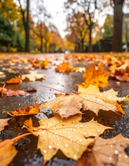 Obraz premium Autumn leaves on wet pavement
