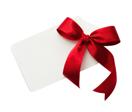 A rectangular white gift card or certificate, adorned with a vibrant red satin ribbon bow
