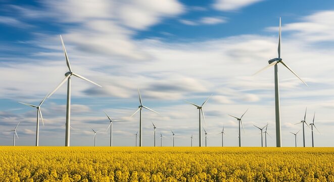 Wind Turbines in a Yellow Flower Field Under a Blue Sky with Moving Clouds