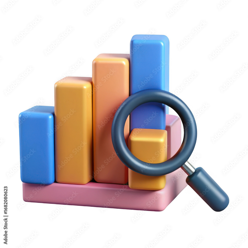 Poster 3d bar chart analysis with magnifying glass isolated on transparent background