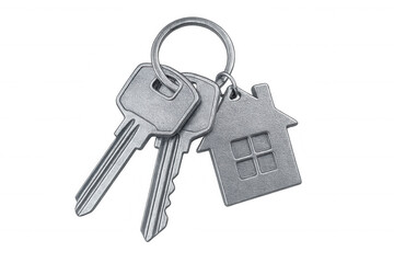 Two metal keys and a house-shaped keychain dangle, suggesting home ownership, security, and real estate