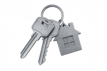 Two metal keys and a house-shaped keychain dangle, suggesting home ownership, security, and real estate
