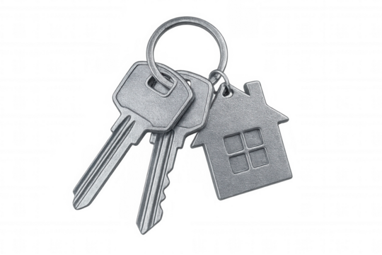 Two metal keys and a house-shaped keychain dangle, suggesting home ownership, security, and real estate