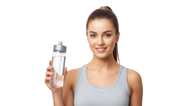 Young Woman Holding a Water Bottle in Athletic Attire with a Radiant Smile and Healthy Lifestyle - Powered by Adobe
