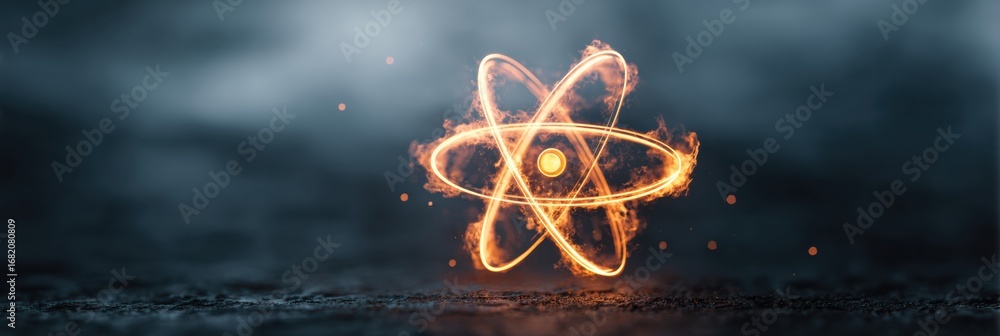 Poster a vivid depiction of an atomic model, highlighted by glowing particles and flames set against a dark