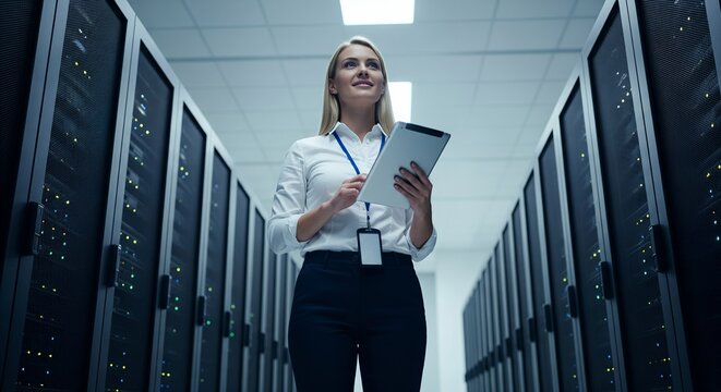 Woman using tablet in server room, data center, technology, IT, network infrastructure, digital, modern, professional, business, computer, internet, communication, cloud computing 