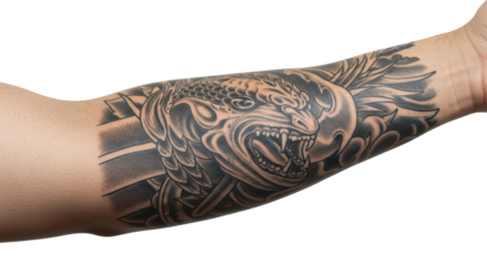 Arm Tattoo with Detailed Dragon and Clouds on White