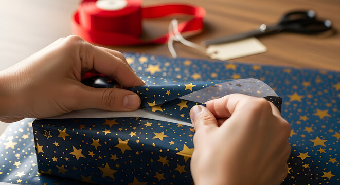 Gift-Wrapping Ceremony: A detailed shot captures the essence of thoughtful giving as skilled hands meticulously wrap a present with festive paper and ribbons, adding a touch of anticipation.