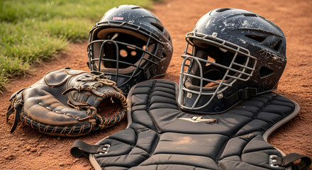 Baseball Catcher Gear: A close-up shot of worn baseball catcher's equipment on the dirt, showcasing the catcher's mitt, mask, and chest protector, ready for the game.