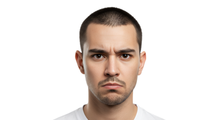 Furrowed brow. Stern Young Man with Brown Eyes Looking Annoyed on White Background