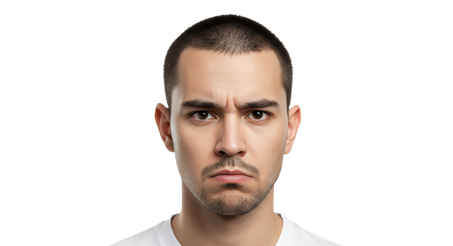 Furrowed brow. Stern Young Man with Brown Eyes Looking Annoyed on White Background