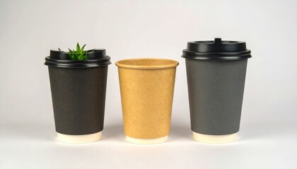 Three paper cups black with a plant, kraft, and grey with a black lid, side-by-side against a white backdrop, suggesting sustainability and different choices
