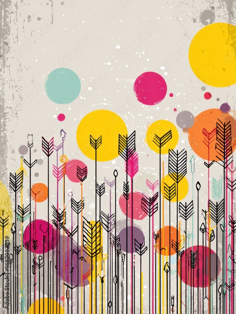 Poster vibrant design showcases a mix of arrows and colorful circles against a distressed backdrop, creatin