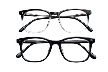 Close-up view of two pairs of rectangular eyeglasses, one pair with transparent/grey gradient lenses and the other in black