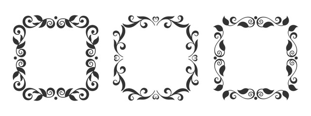 Decorative floral frame set. Elegant frames with ornate swirls, leaves and intricate black line patterns. Vintage natural ornament border featuring botanical elements, clean curves, minimal details