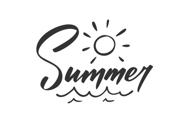 Summer lettering. Handwritten text by black ink, shining sun above curved sea waves below bright sunlight rays. Ocean ripple silhouette minimal sketch. Seasonal vibe tropical heat beach weather mood