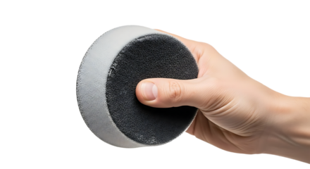 Hand Holding Round Two-tone Cleaning Sponge Against White Background