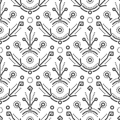 Seamless geometric pattern. Elegant floral motifs, thin lines, and minimal decorative details. Modern monochrome background, luxury texture, and repeating ornament, circles, dots, symmetrical shapes