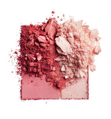 Crushed, blended, rosy eyeshadow palette. Two halves of a square palette, showcasing a mix of deep and light pink-rose pigments